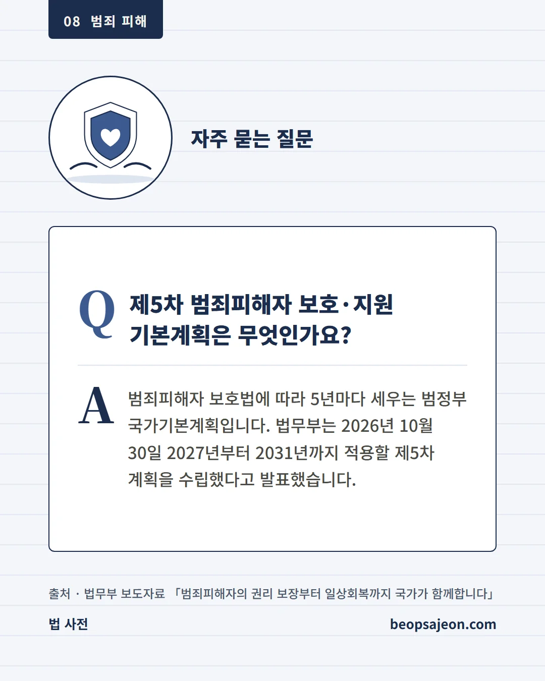 자주 묻는 질문. 제5차 범죄피해자 보호·지원 기본계획은 무엇인가요? 범죄피해자 보호법에 따라 5년마다 세우는 범정부 국가기본계획입니다.