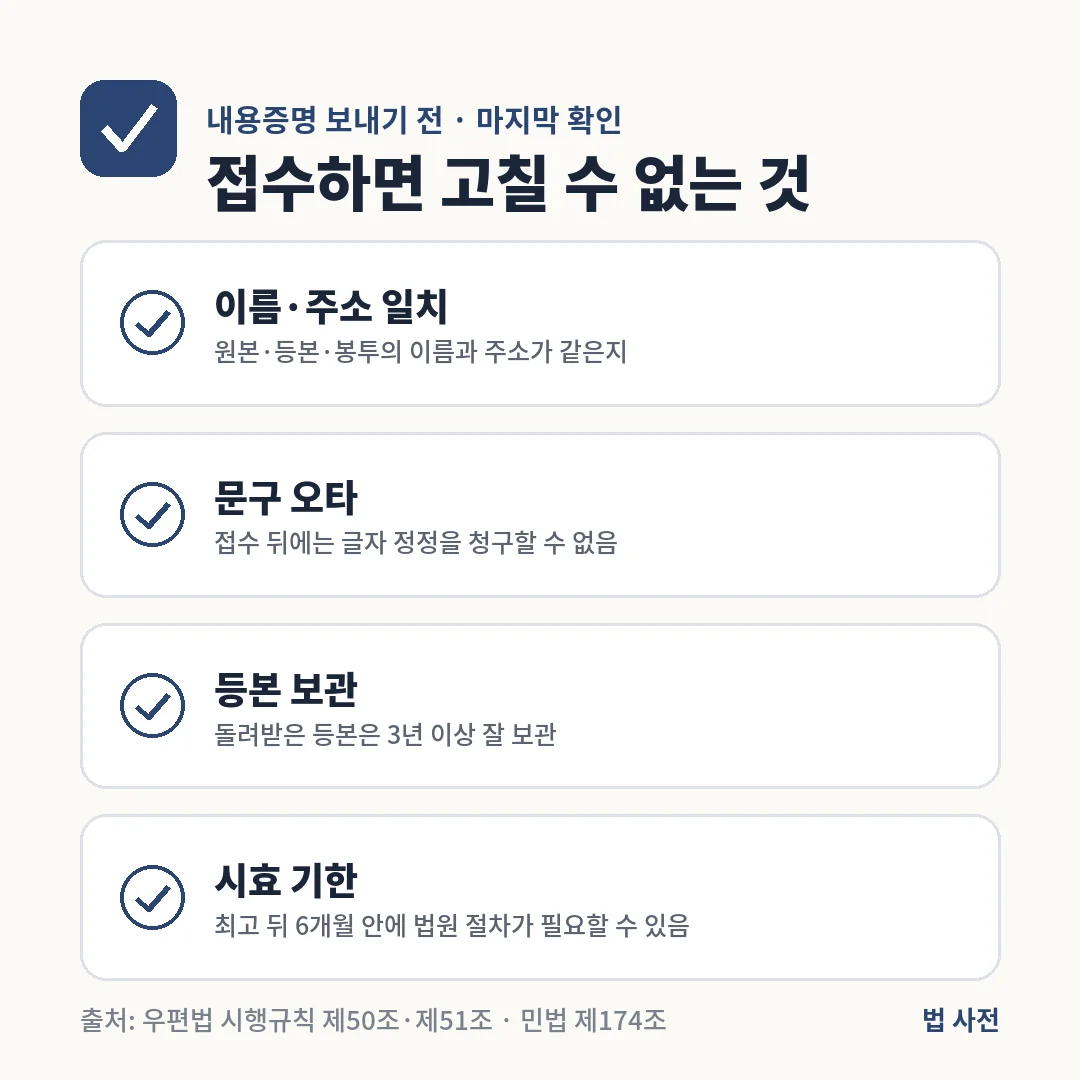 내용증명을 보내기 전에 이름과 주소가 모두 같은지, 오타가 없는지 확인하고, 돌려받은 등본을 보관하며 시효 기한을 살핍니다.